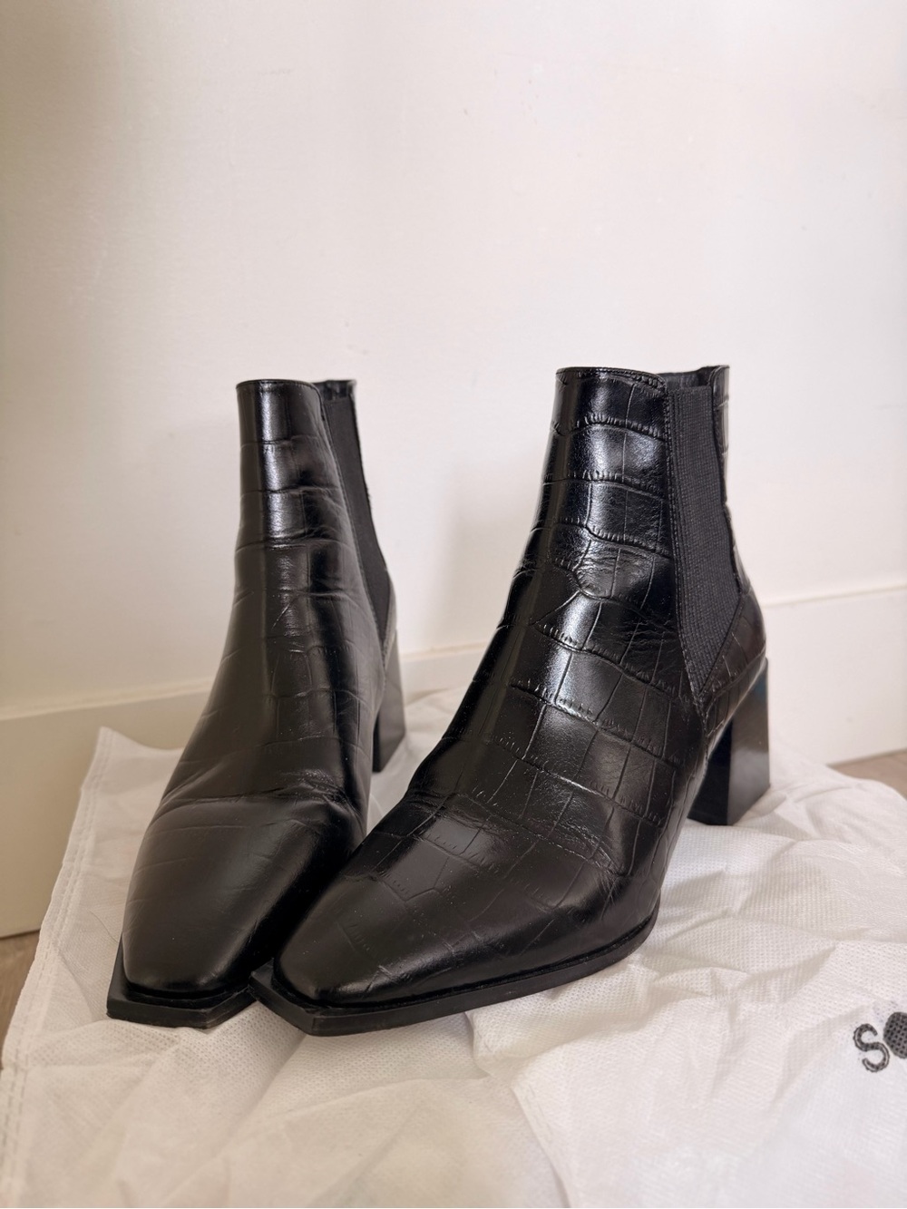 Black Croc-Embossed Leather Chelsea Ankle Boots